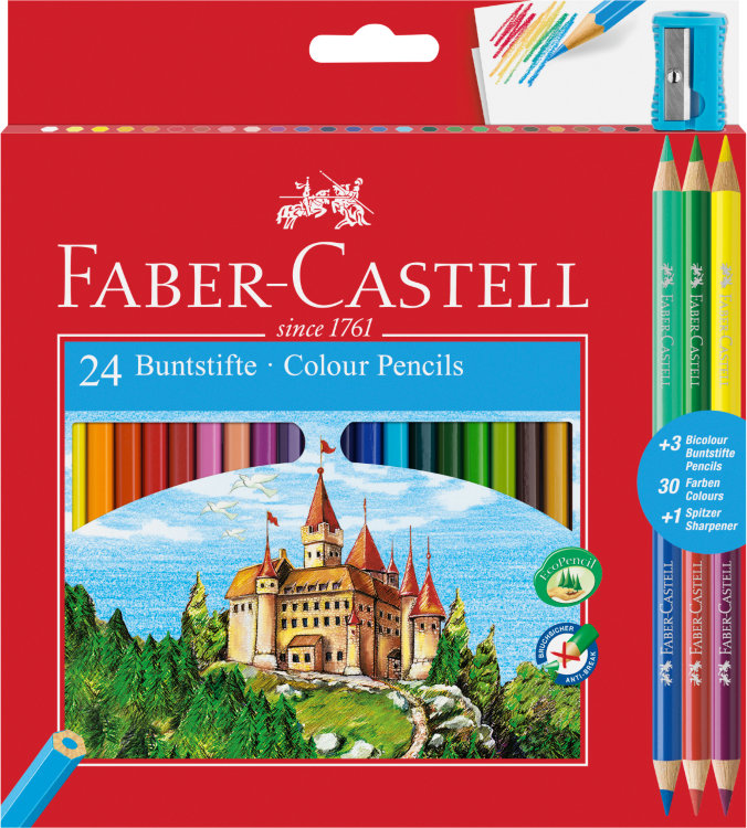 Цветные карандаши Замок, в картоне, 24 шт + 3 двухцветных карандаша + точилка