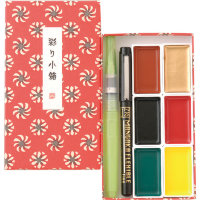 Набор акварельных красок ZIG Kuretake Irodori Kobako 6 оттенков, водная кисть, ручка MC23-11