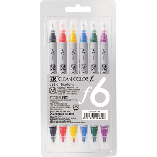 Набор маркеров ZIG Clean Color f 6 шт (акварельные, перья 0,5 и 1,2 мм) TCS-6000T/6V