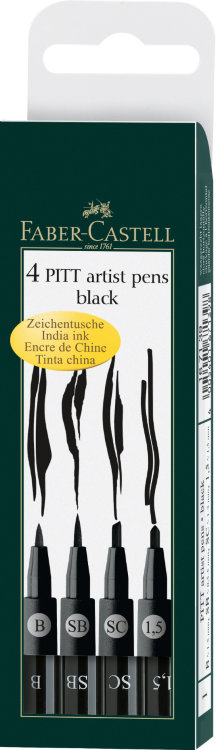 Капиллярная ручка Pitt Artist pen, ширина наконечника B, SB, SC, 1,5, черный, в футляре, 4 шт